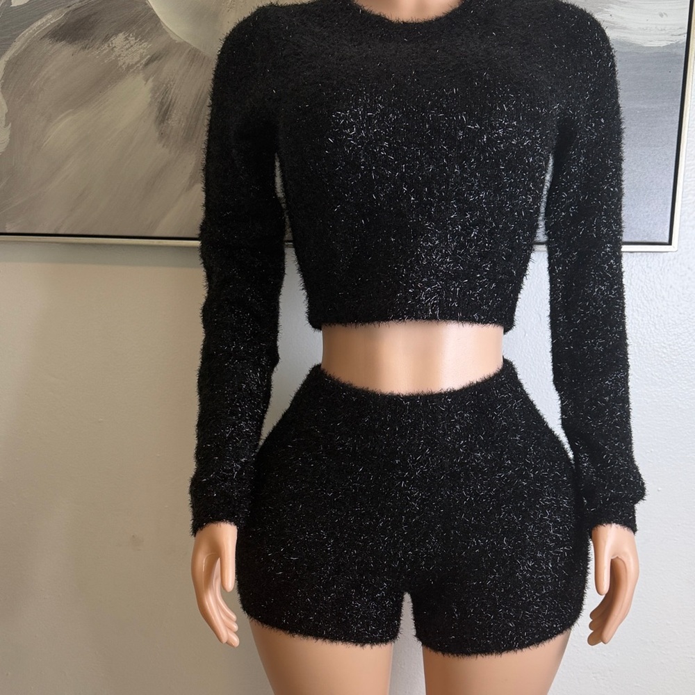 Fashion Nova Black Fuzzy Crop Sweater & Shorts Set